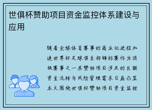 世俱杯赞助项目资金监控体系建设与应用